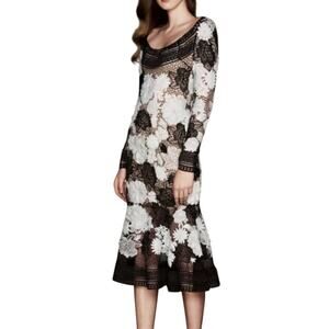Naeem Khan Black White Nude Floral Lace Long Sleeve Mermaid Dress sz 10 NEW Tags